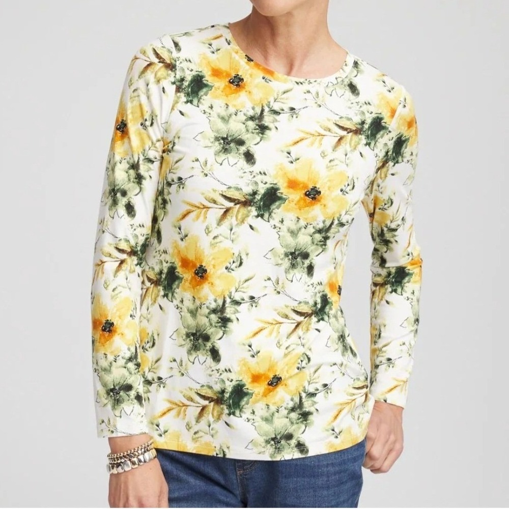 Chicos Garden Touch of Cool Layering Tee Fair Flora Ecru Yellow Floral 3 XL NEW